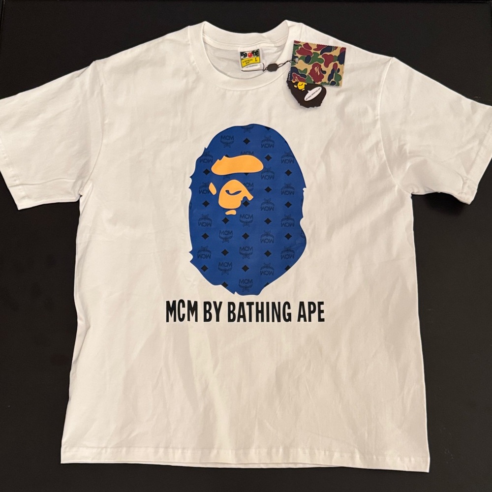 Bape X MCM White Tee with Blue and Orange Ape Logo